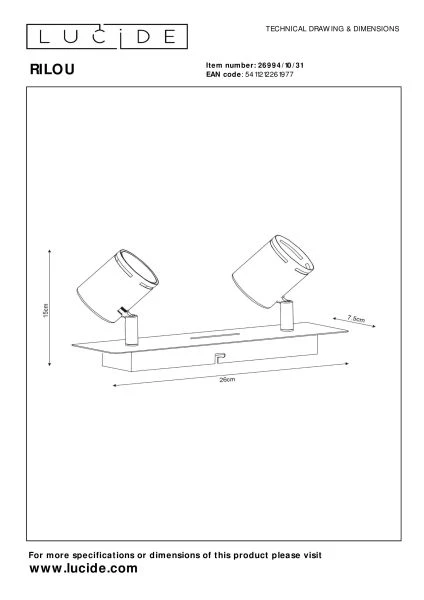 Lucide RILOU - Foco de techo - LED Regul. - GU10 - 2x5W 3000K - Blanco - técnico